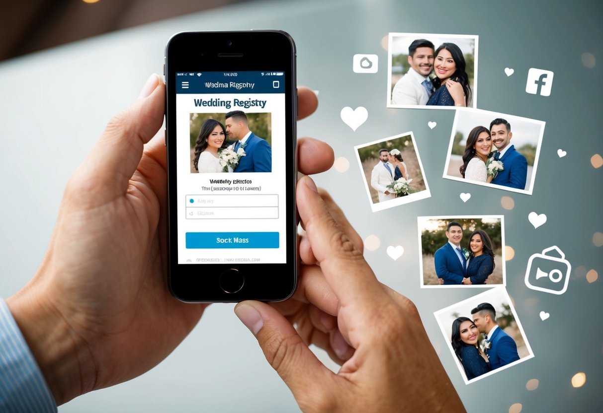A couple's hands holding a smartphone with a wedding registry displayed on the screen, surrounded by social media icons and engagement photos