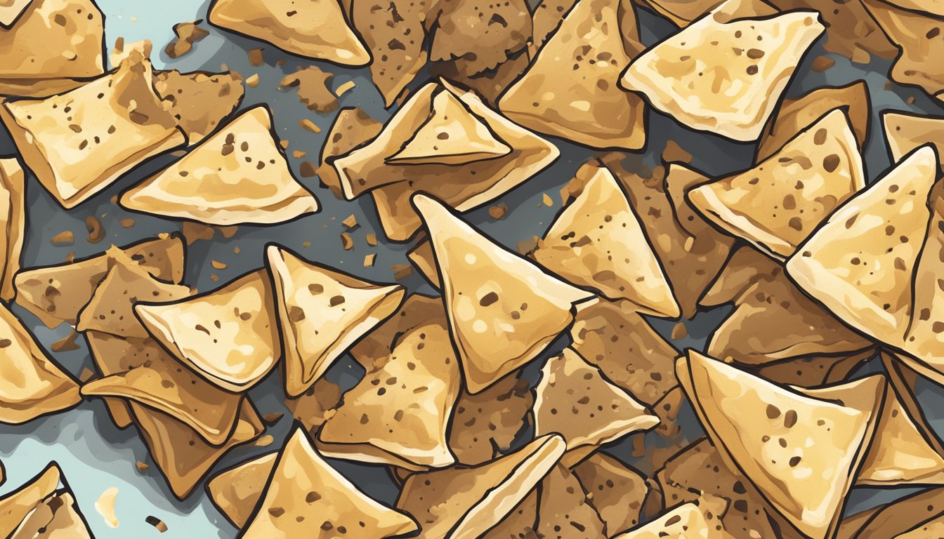 A pile of expired pita chips sits on a plate, surrounded by a few scattered crumbs. The chips appear stale and discolored, with a noticeable loss of crunch