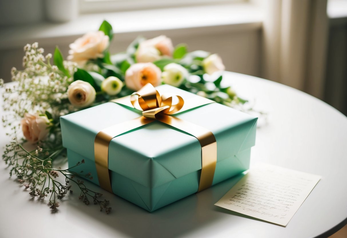 A beautifully wrapped gift box sitting on a table, surrounded by delicate flowers and a handwritten note