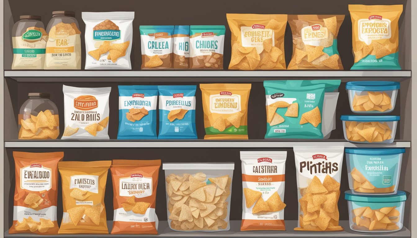 A pantry shelf with a sealed container of pita chips, surrounded by other snacks and labeled with an expiration date