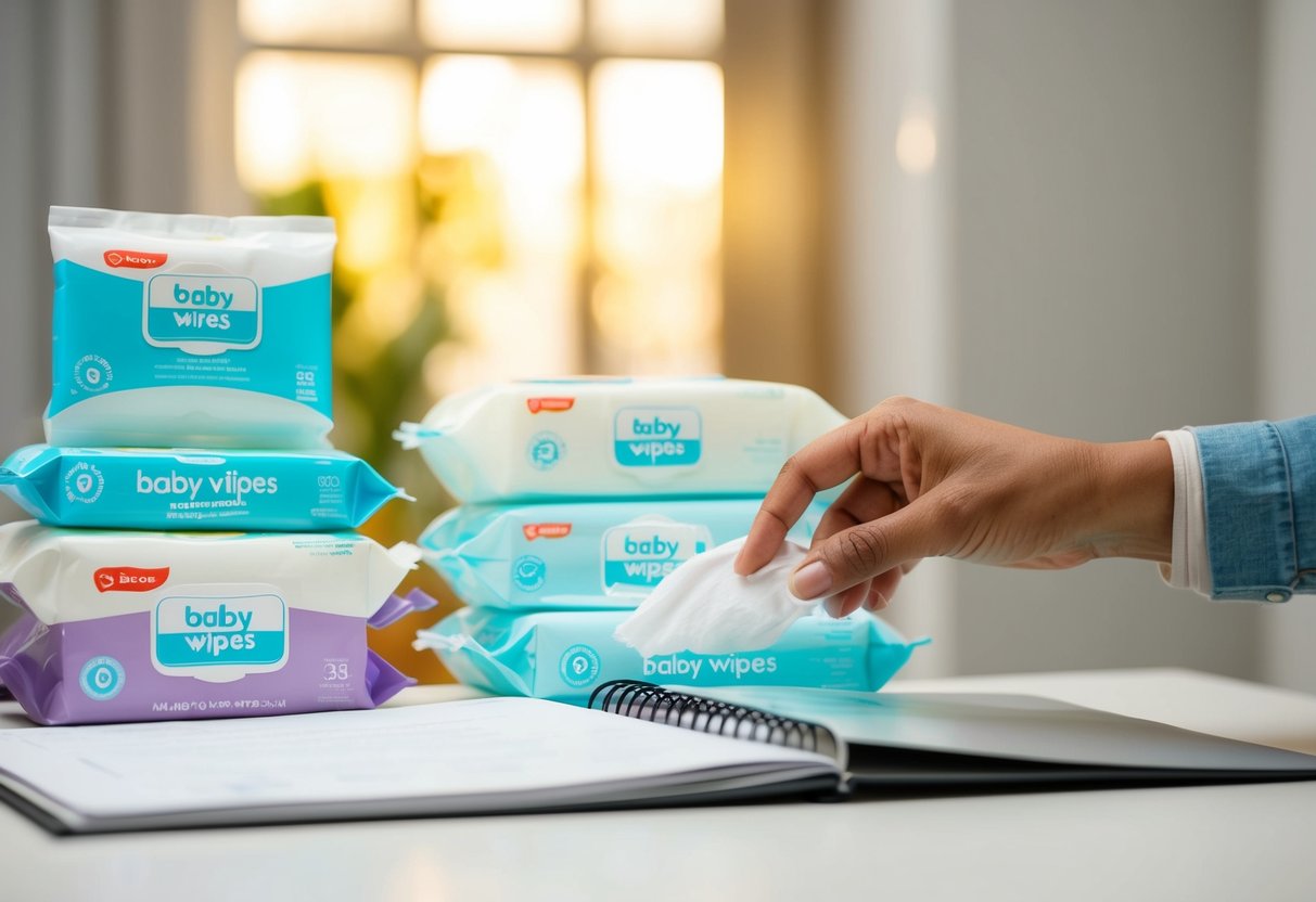 An open baby registry with various baby wipes packages displayed and a hand reaching to add them to the list