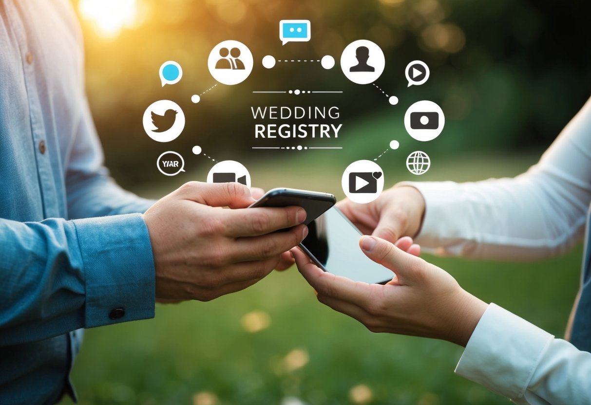 A couple's hands holding a phone with a wedding registry page open, surrounded by social media icons and communication bubbles
