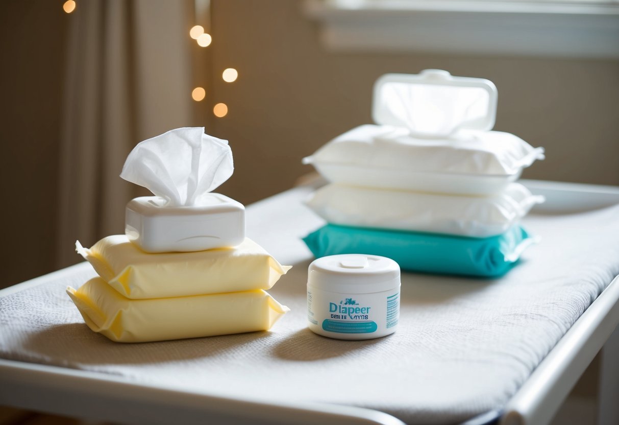 A stack of baby wipes next to a diaper changing pad and a container of diaper cream on a clean, organized changing table