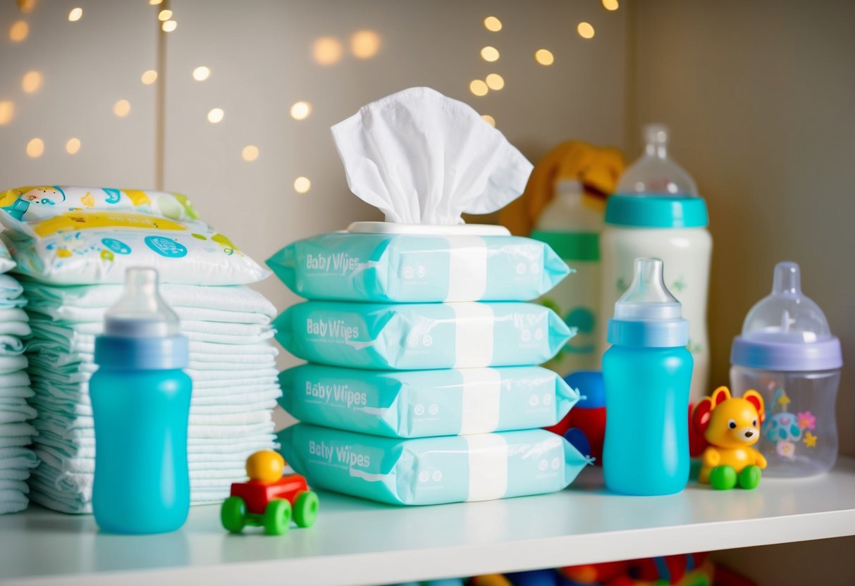 A stack of baby wipes surrounded by diapers, bottles, and toys on a nursery shelf