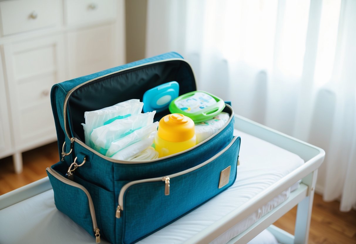 A diaper bag open on a changing table, filled with baby wipes, diapers, and other on-the-go baby equipment