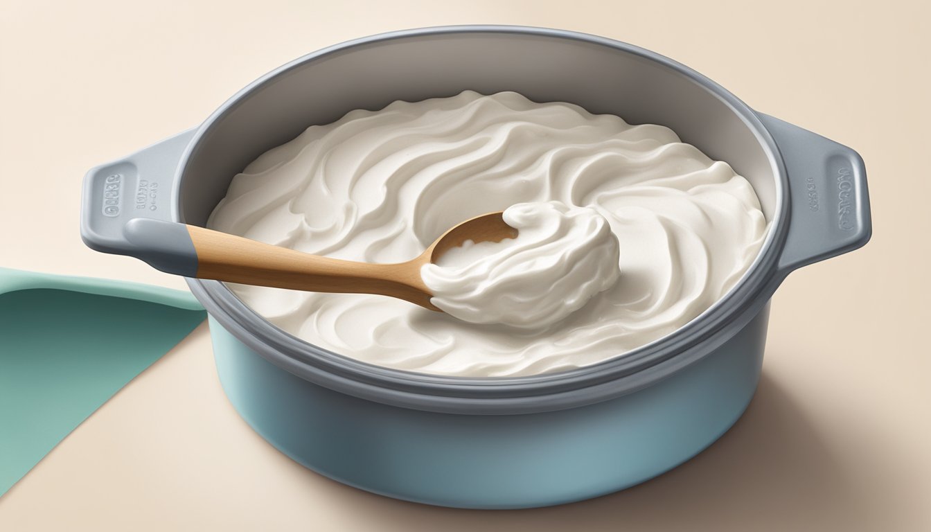 An open container of Betty Crocker frosting with visible signs of spoilage, such as mold or discoloration, sitting next to a spoon