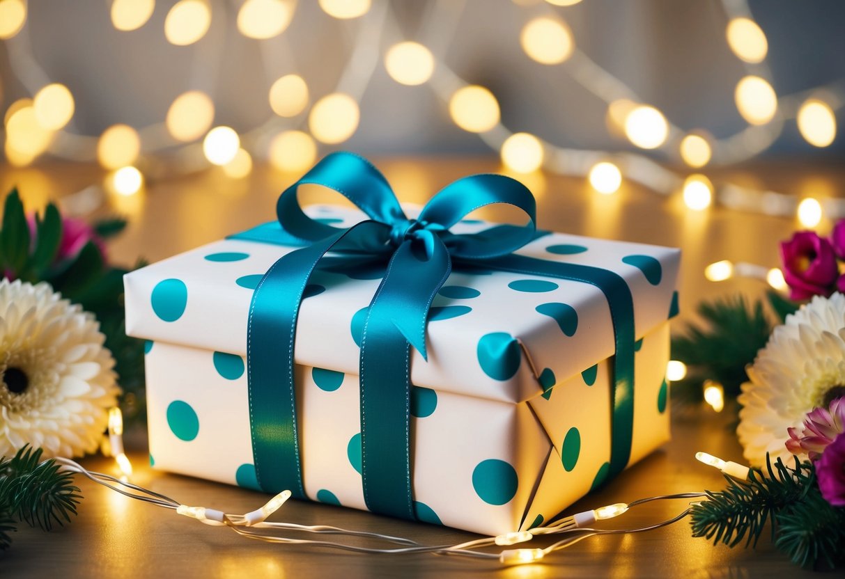 A beautifully wrapped gift box with a bow sits on a table surrounded by floral decorations and twinkling fairy lights