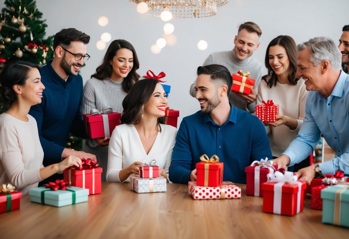 A couple sitting at a table, surrounded by friends and family, opening gifts with smiles and laughter