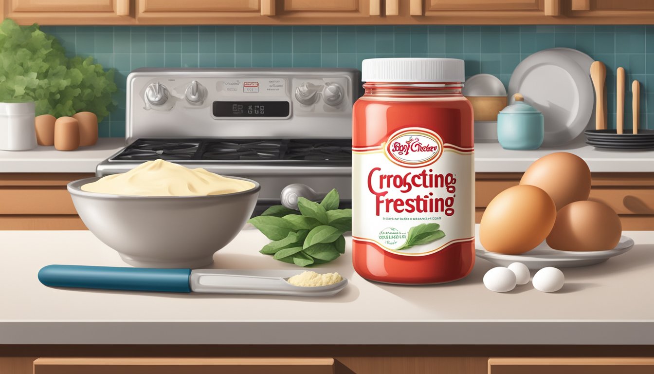 A jar of Betty Crocker frosting sits on a clean, organized kitchen counter, surrounded by fresh ingredients and utensils. A food thermometer and a container of raw eggs are nearby