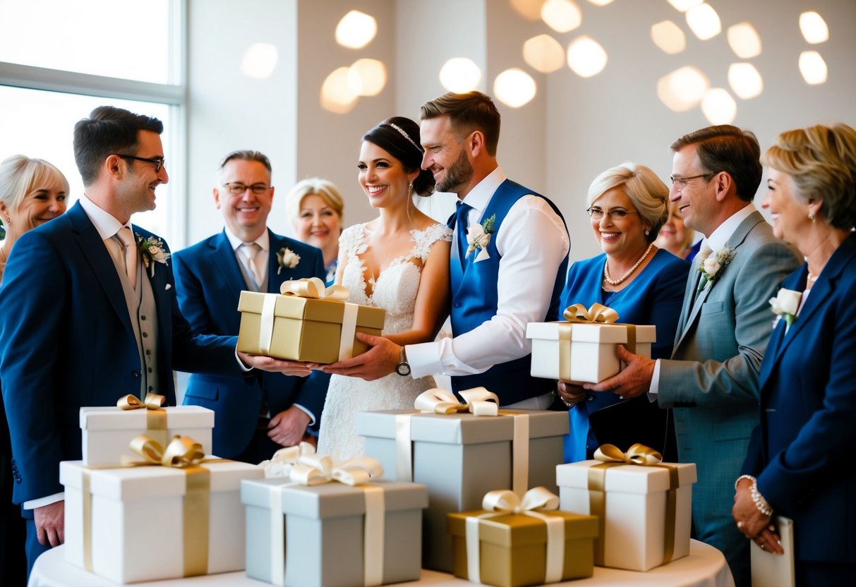 A couple receiving gifts at their wedding, surrounded by guests and a table of presents