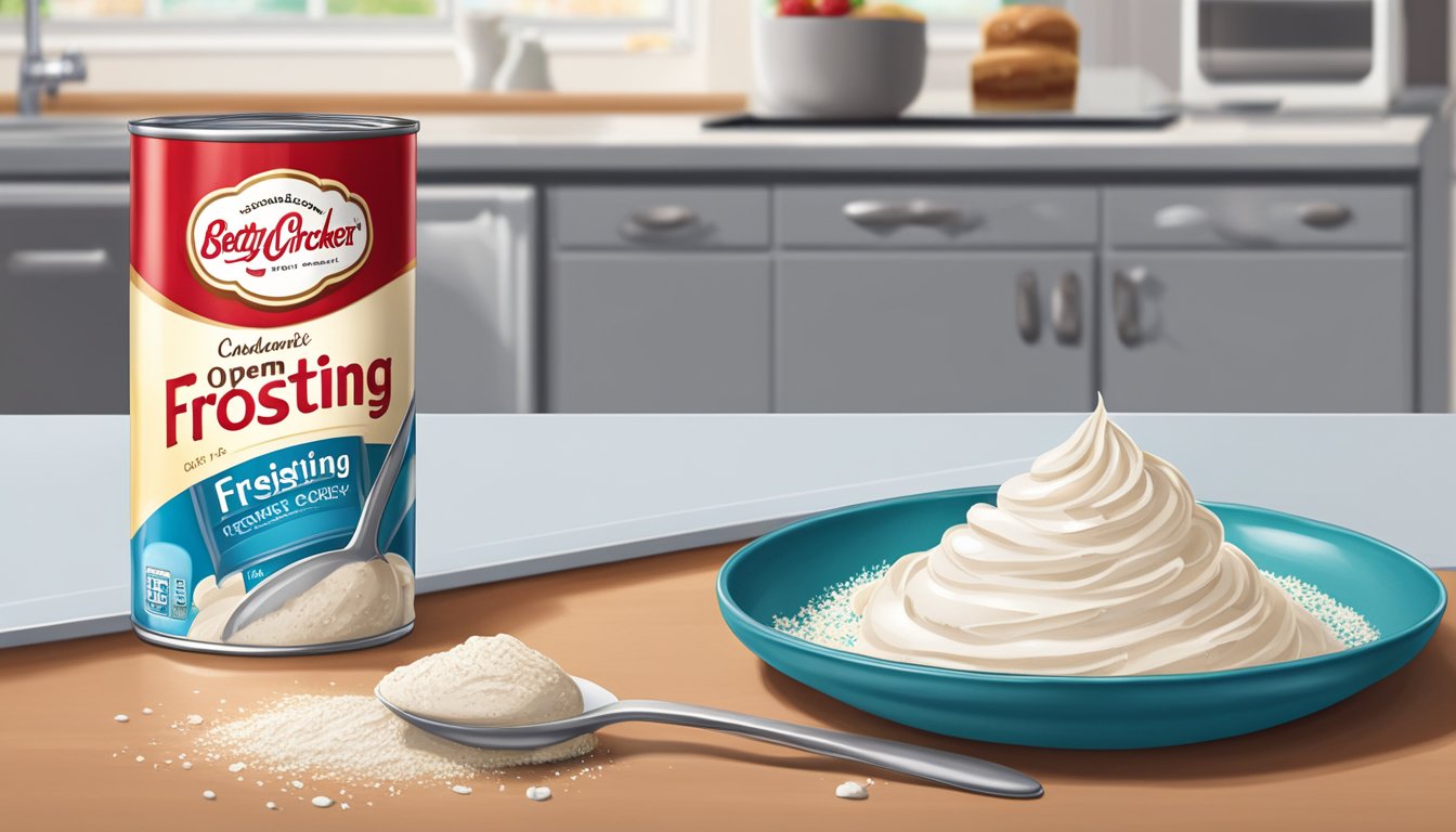 An open can of Betty Crocker frosting sits on a clean kitchen counter, untouched. A spoon rests next to it, and a few crumbs of cake sit nearby