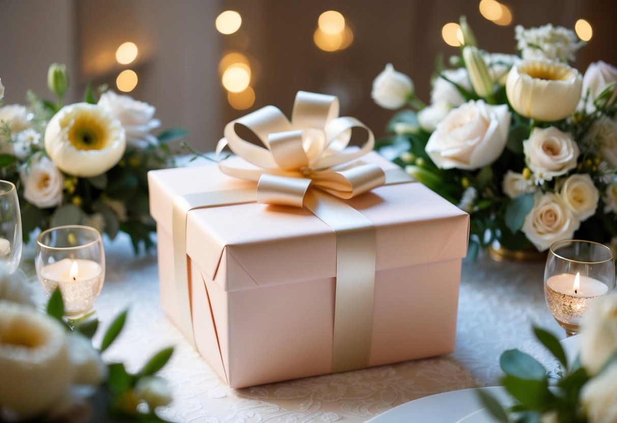 A beautifully wrapped gift box with a bow sits on a table surrounded by elegant wedding decor and flowers