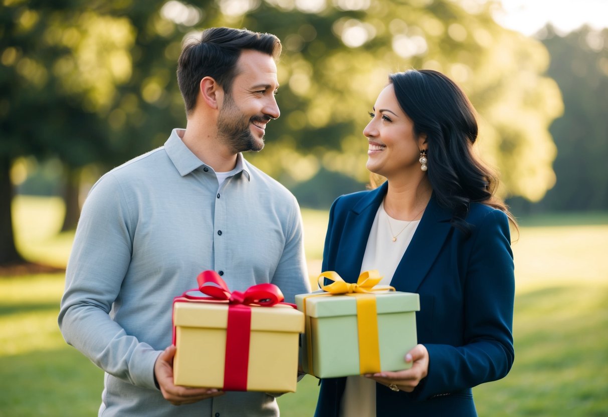 A couple receiving a variety of non-traditional gifts, such as experiences, donations, or contributions to a specific cause, instead of traditional registry items