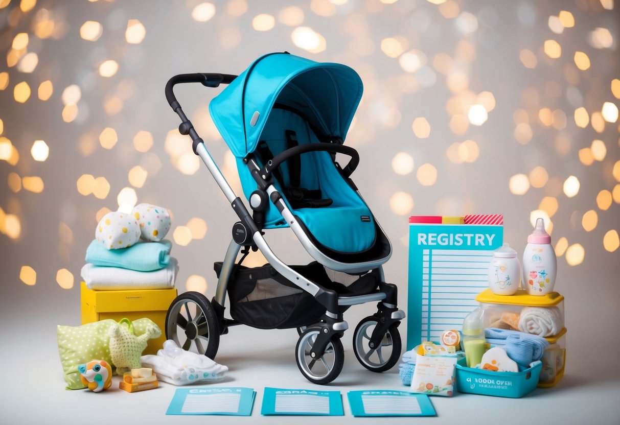 A stroller surrounded by baby items on a registry list