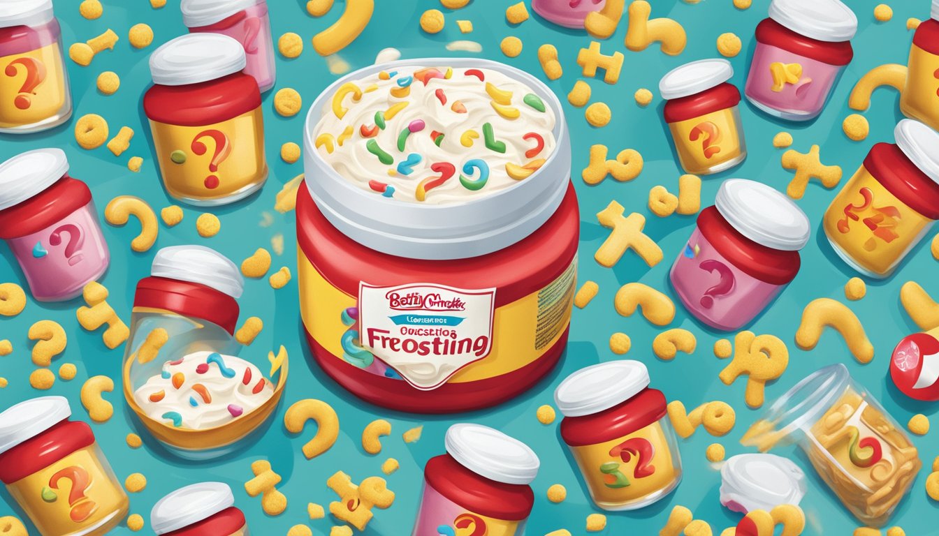 A jar of Betty Crocker frosting surrounded by question marks and caution signs