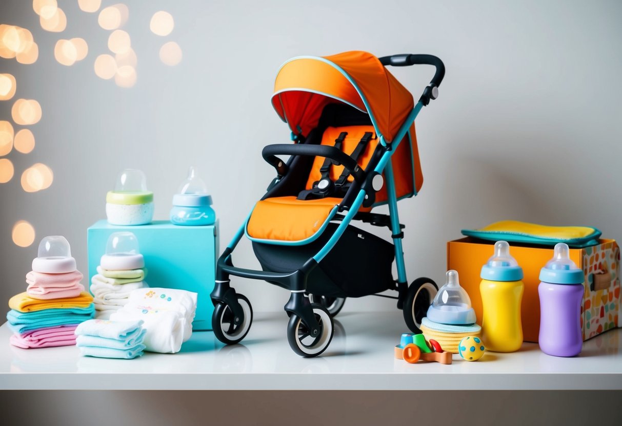 A colorful stroller surrounded by baby items like diapers, bottles, and toys, displayed on a clean, organized shelf or table