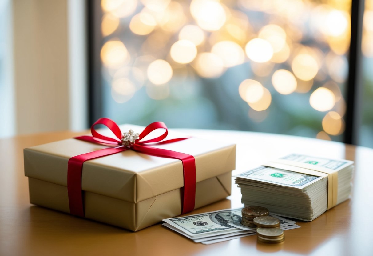 A beautifully wrapped gift box with a bow sits on a table next to a wedding card and a stack of bills and coins