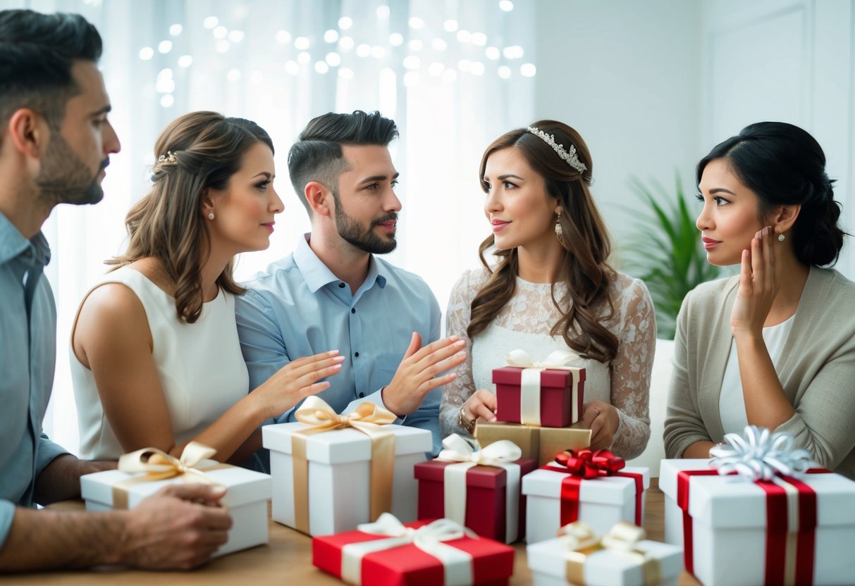 A couple discussing wedding gifts with friends, some nodding while others look unsure
