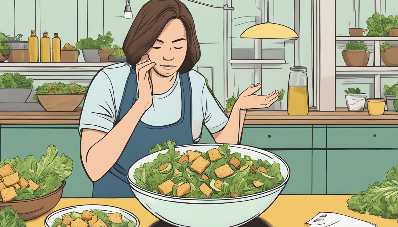 A bowl of salad with expired croutons scattered on top, surrounded by a caution sign and a concerned expression on a person's face