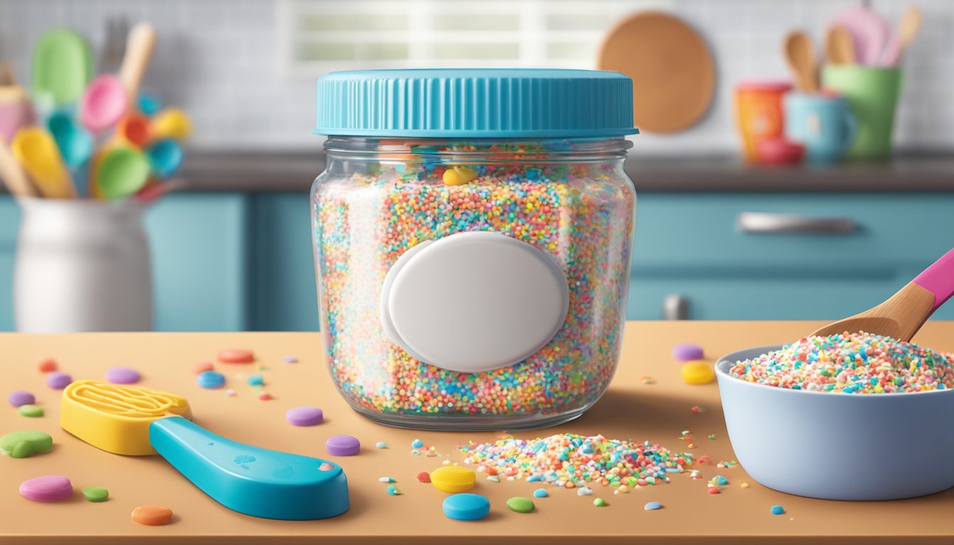 A jar of Betty Crocker frosting sits unopened on a clean, well-lit kitchen counter, surrounded by colorful sprinkles and a spatula