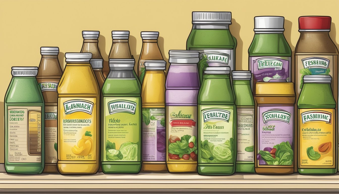 A variety of salad dressings on a kitchen shelf, some with expiration dates visible