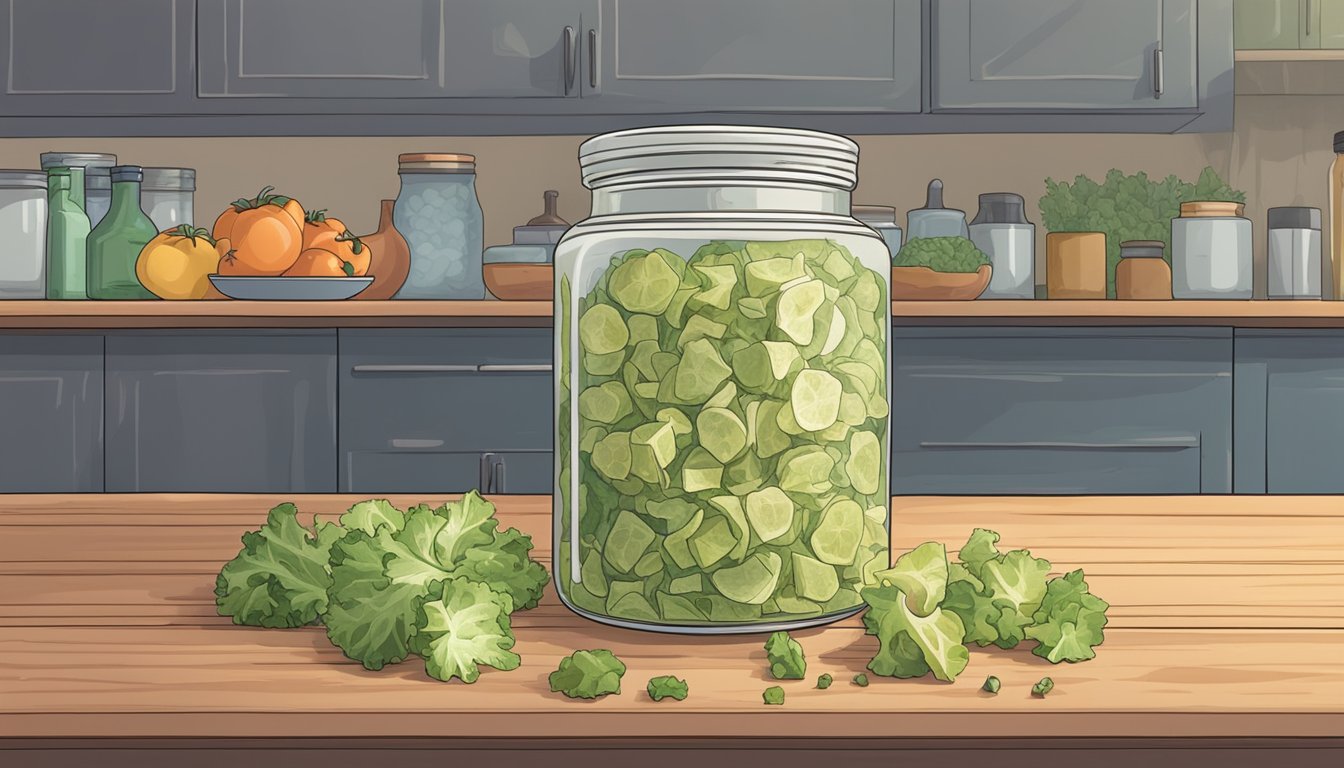 A jar of expired salad croutons sits on a dusty shelf next to a pile of fresh produce. The croutons appear discolored and stale, with a faint odor of rancidity