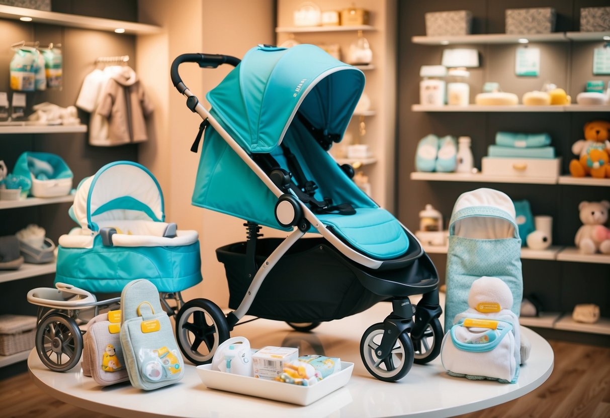 A stroller surrounded by various baby items, displayed in a store or home setting