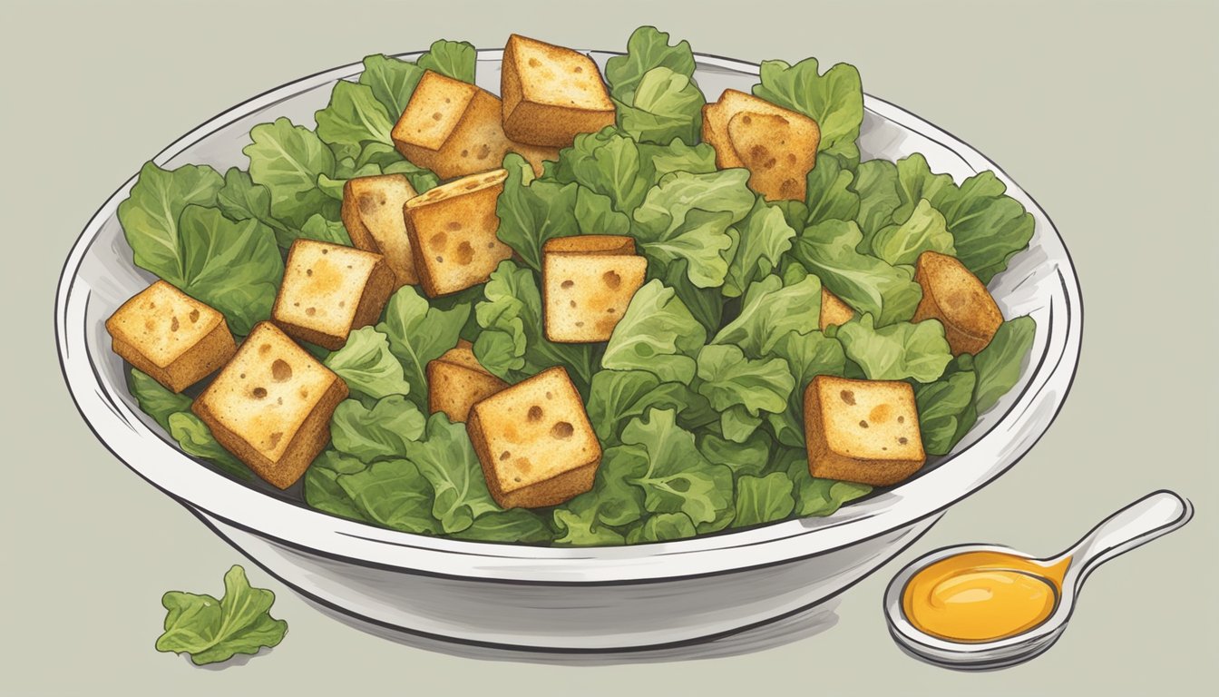 A bowl of salad croutons with visible signs of mold and discoloration, alongside a labeled expiration date