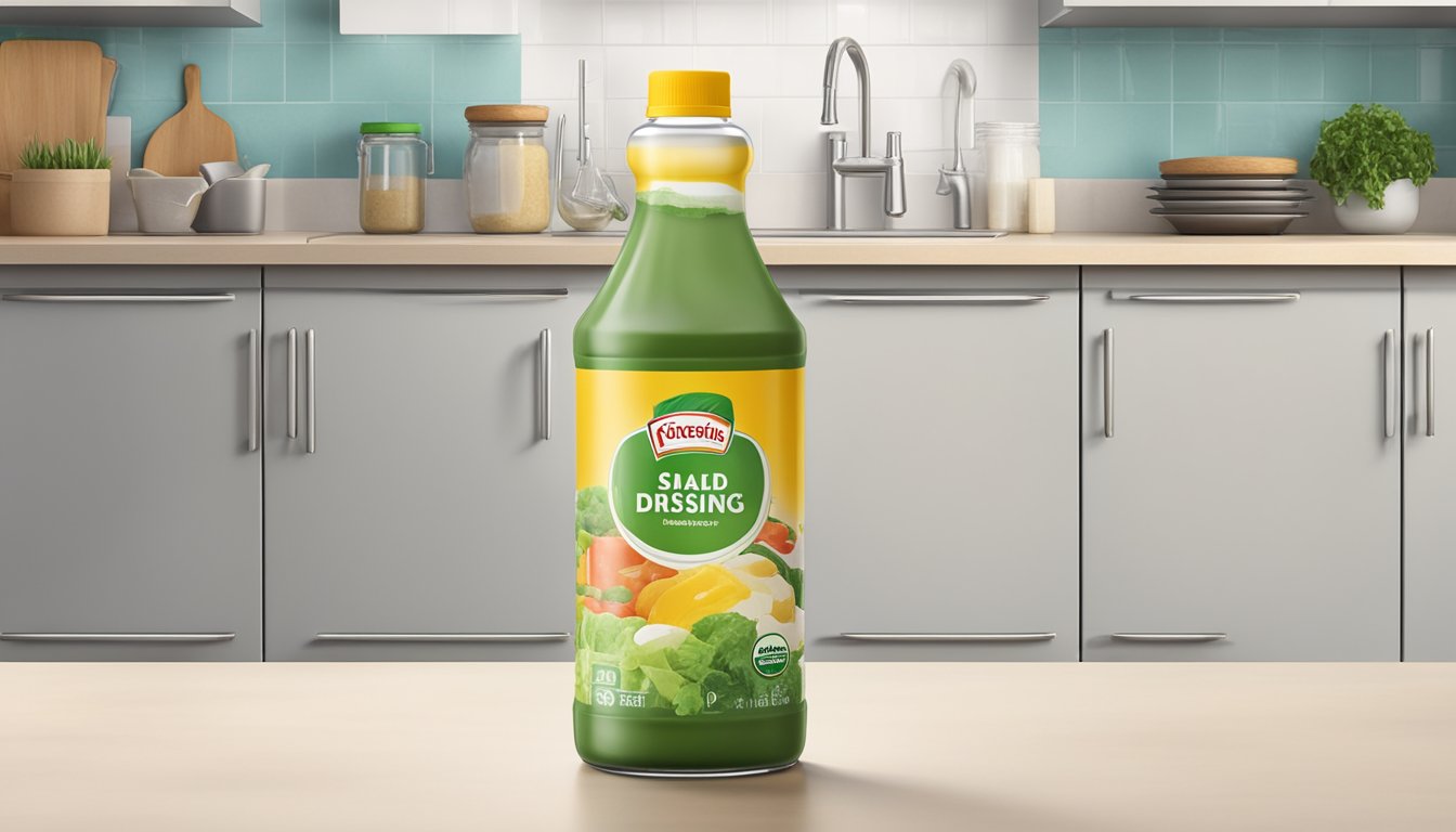 A bottle of expired salad dressing mix sits on a kitchen counter, with visible signs of separation and discoloration