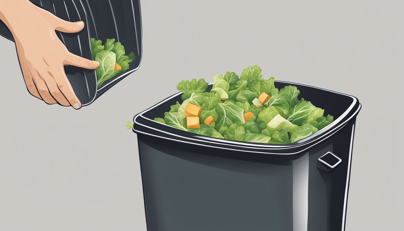 A person throwing away a bag of expired salad croutons into a trash can