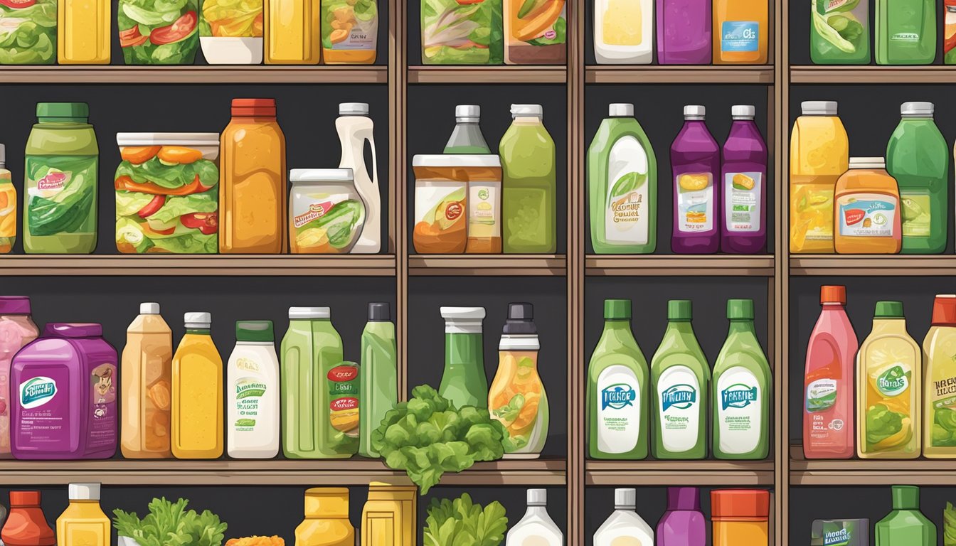 A shelf with various salad dressings, some expired, next to a trash can