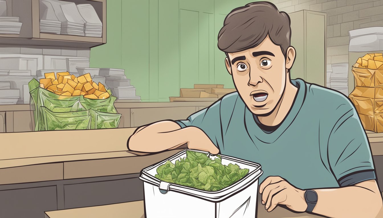 A person throwing away a bag of expired salad croutons with a disgusted expression on their face