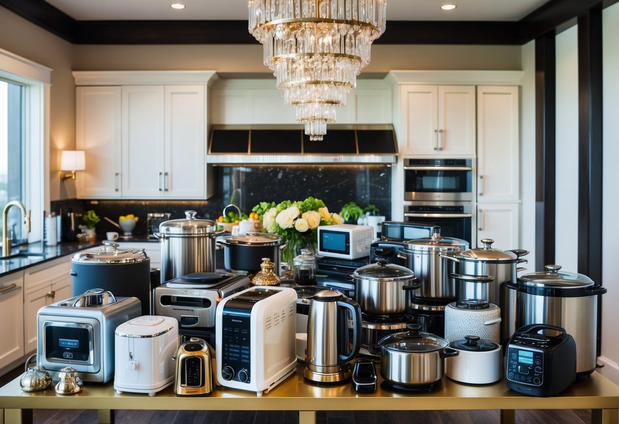 A table overflowing with extravagant kitchen appliances, luxury home decor, and high-end electronics