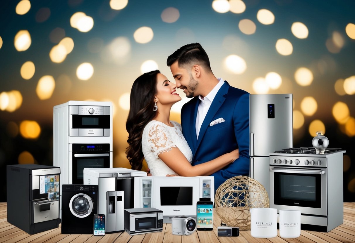 A couple surrounded by extravagant items, including luxury appliances, high-end electronics, and designer decor
