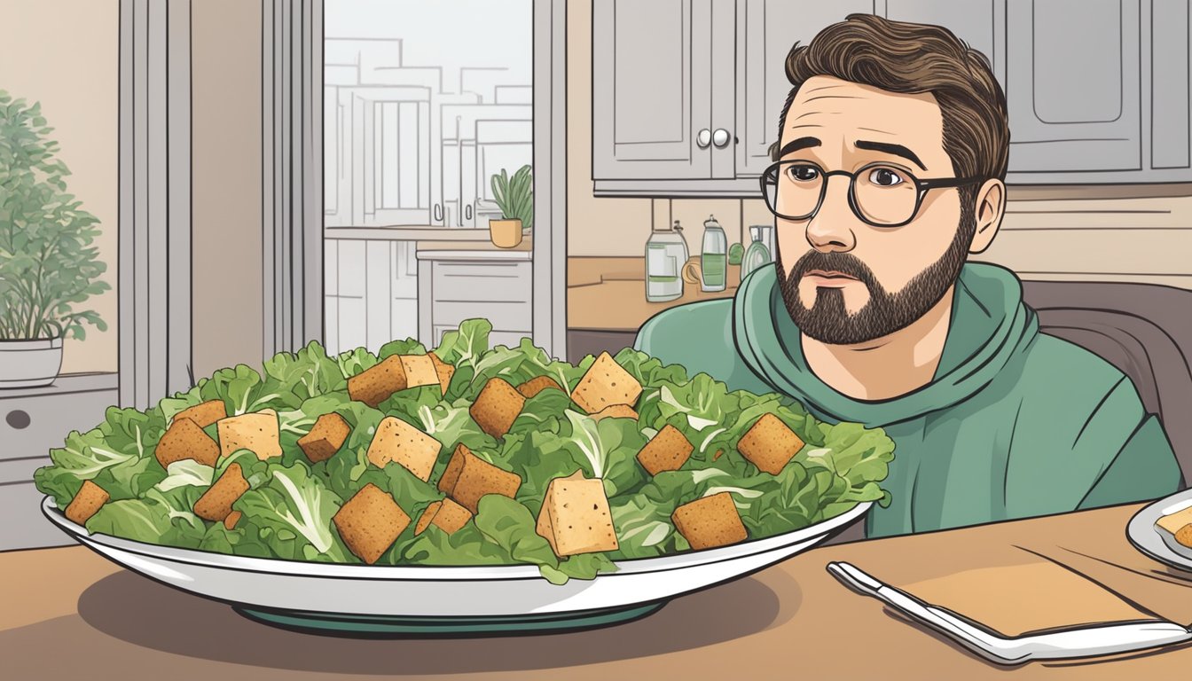 A bowl of salad with expired croutons, a worried expression on a person's face