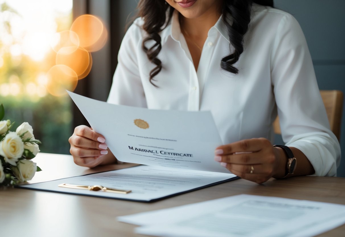 A woman holds a marriage certificate while looking at a legal document