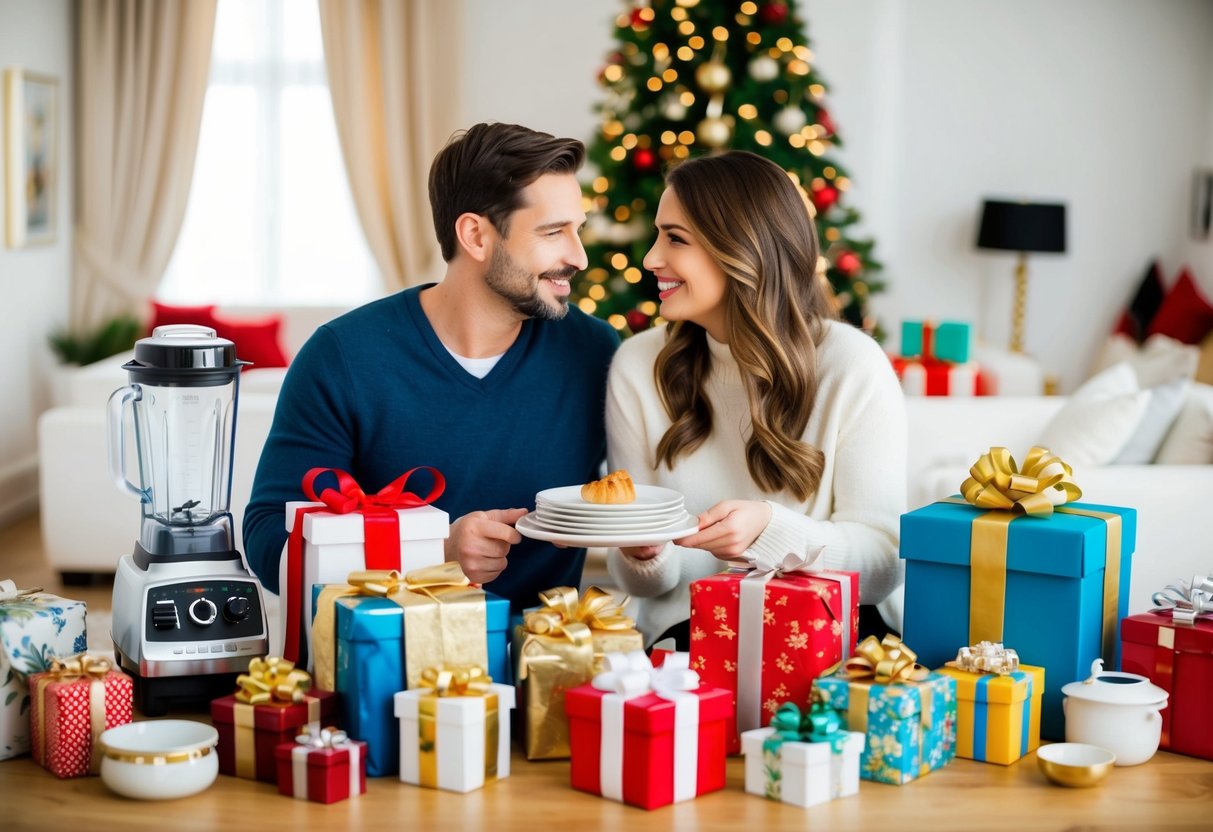 A couple surrounded by various household items, with a mix of practical and extravagant gifts, such as a blender, luxury bedding, and fine china
