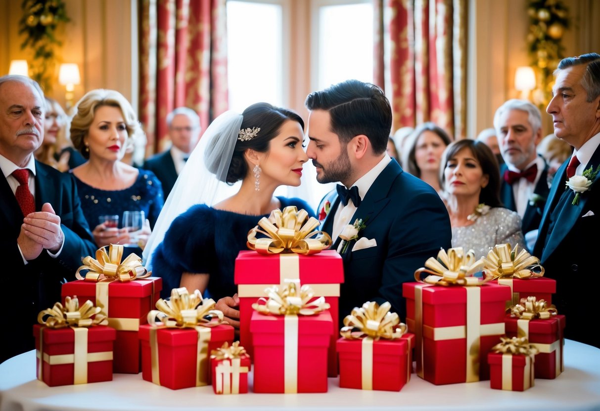 A couple surrounded by extravagant gifts, while guests look on with concern