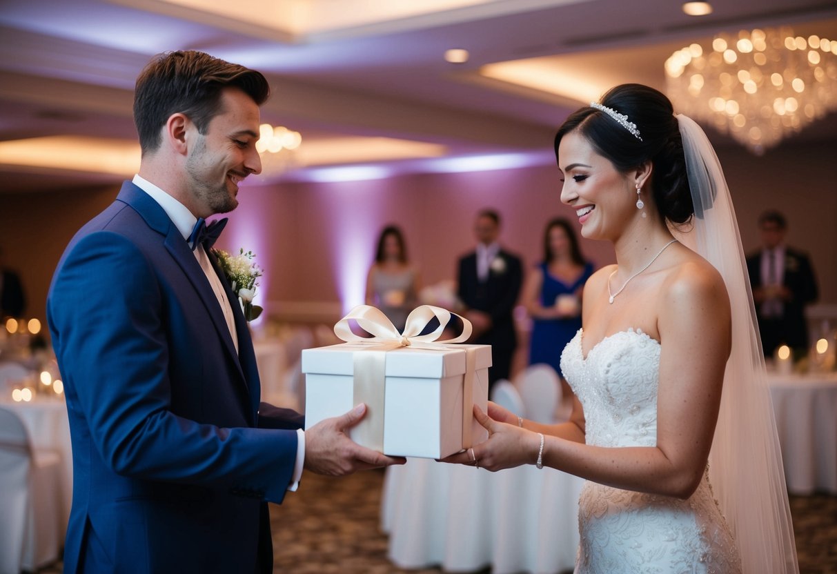 A newlywed couple opening empty gift boxes at their wedding reception