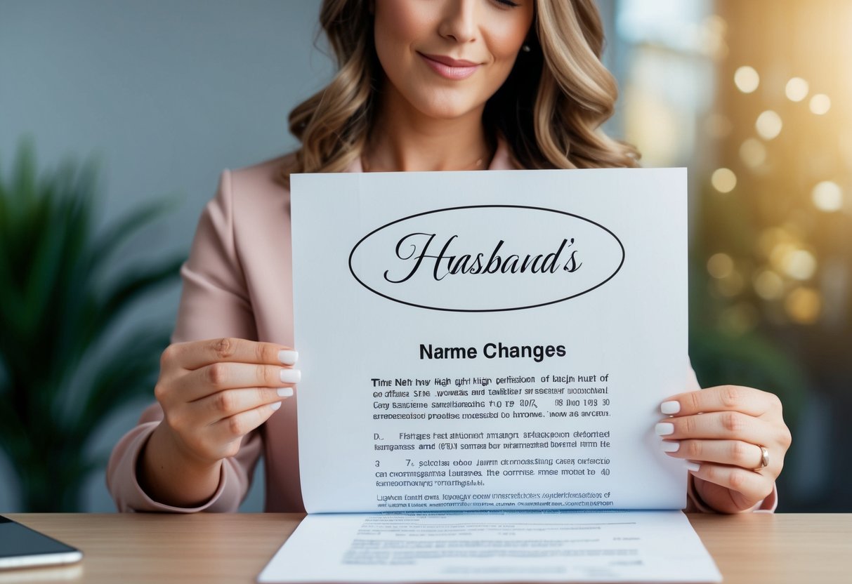 A woman holding a marriage certificate with her husband's last name circled, while looking at a legal document about name changes