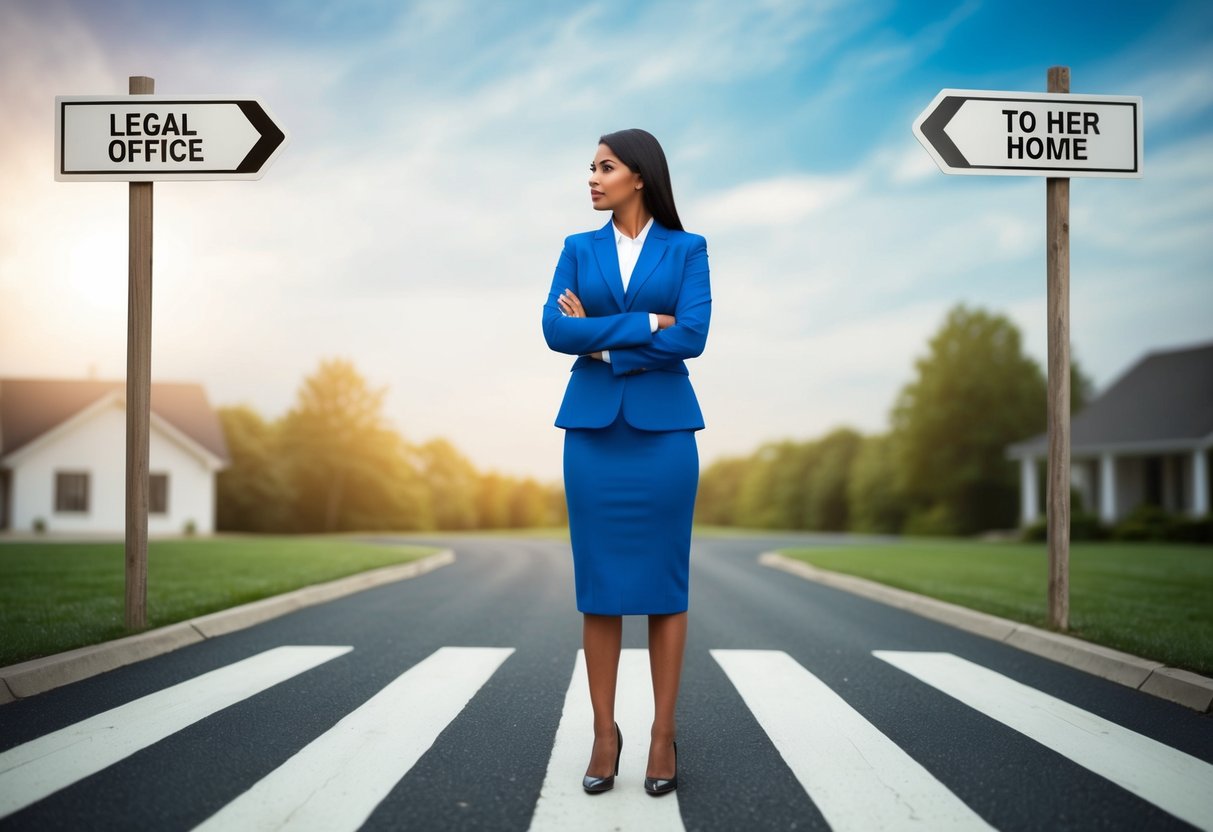 A woman stands at a crossroads, one path leading to a legal office and the other to her home, contemplating the implications of taking her husband's last name without a legal change