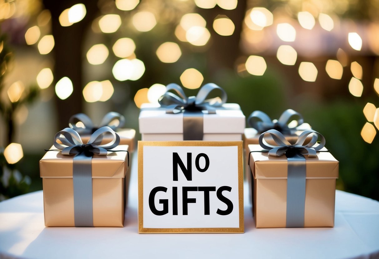 A wedding gift table with a sign saying "No Gifts" and empty gift boxes