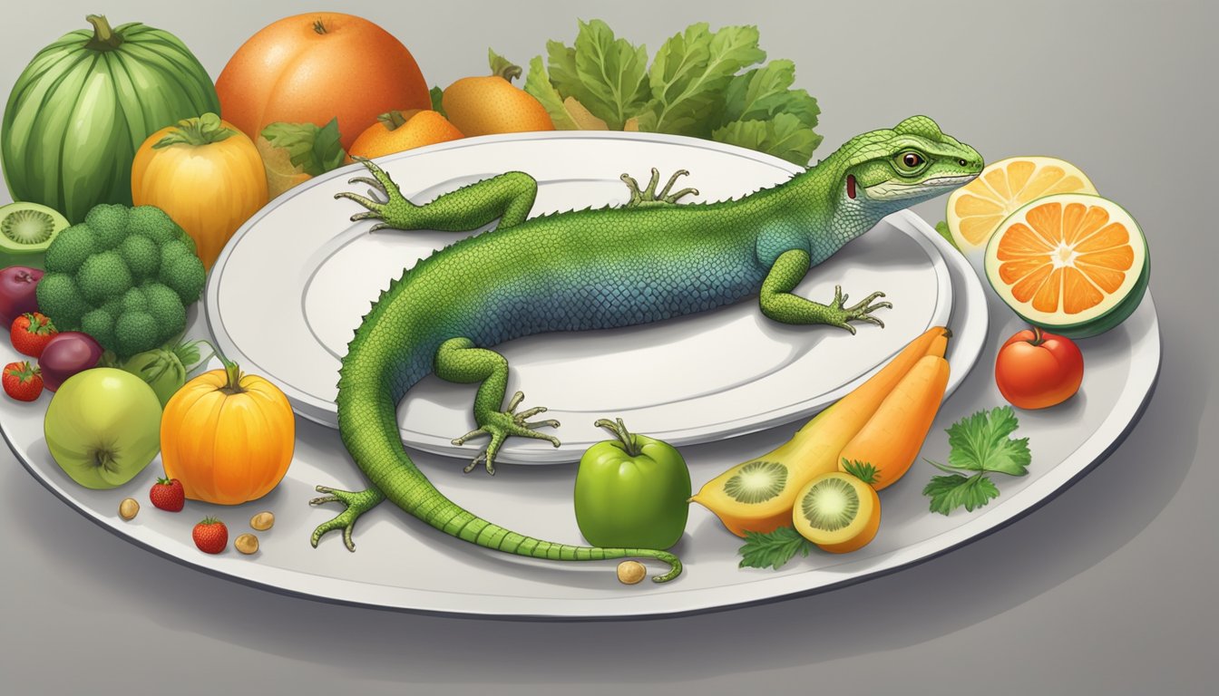 A lizard on a plate surrounded by various fruits and vegetables, with a nutrition label next to it