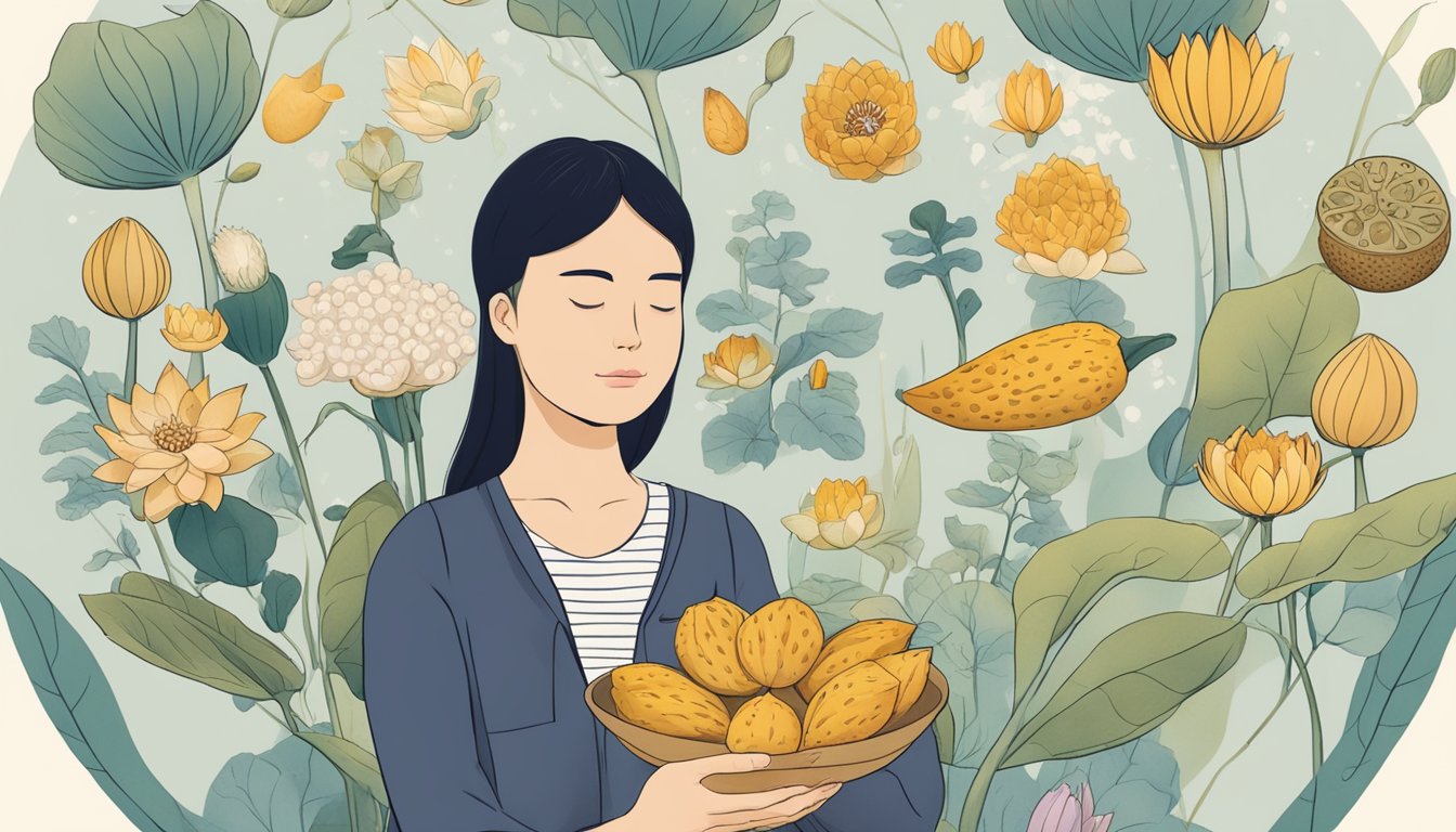 A person holding a lotus root, surrounded by symbols for safety and allergy considerations