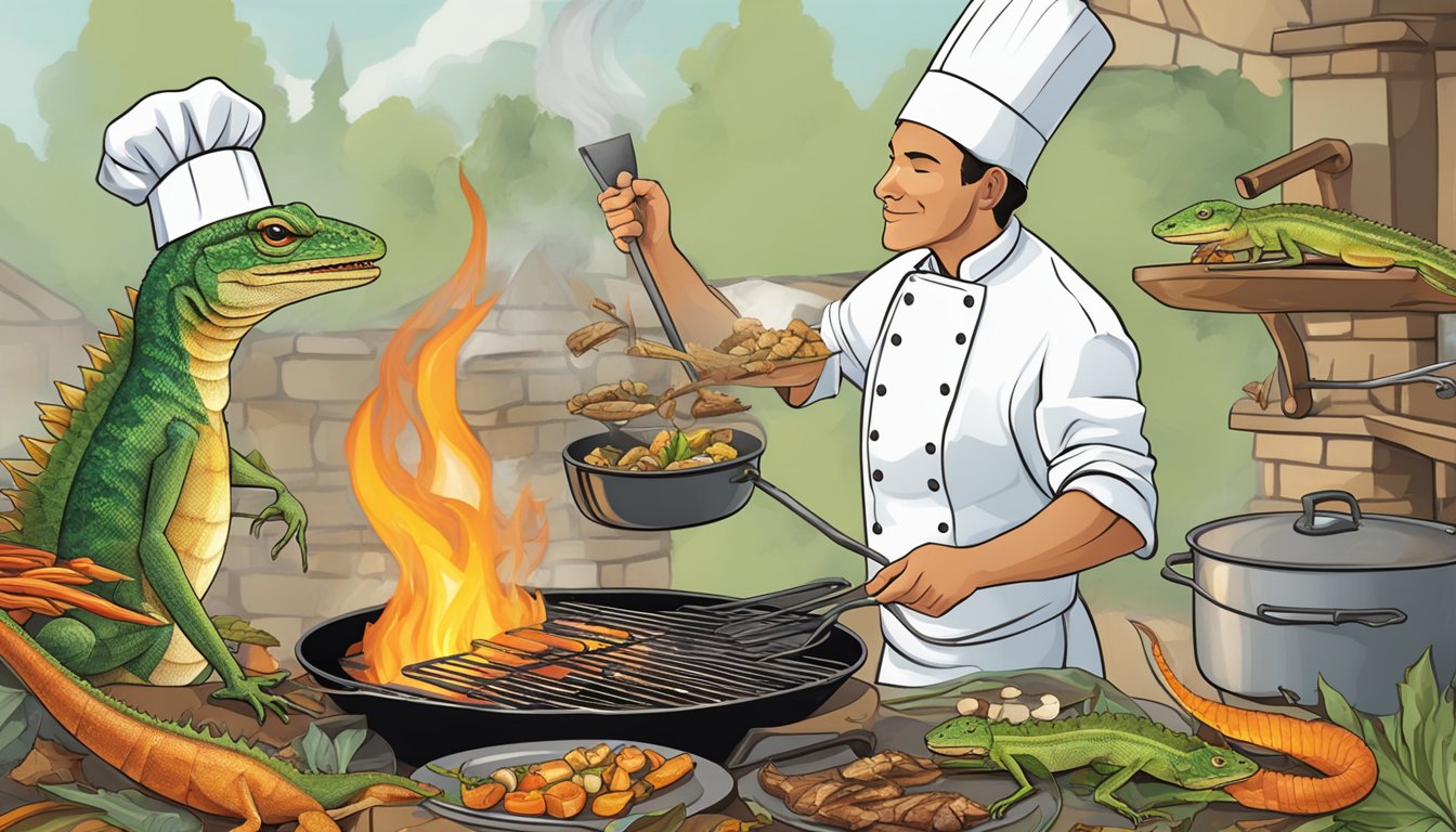 A chef grilling a variety of edible lizards over an open flame