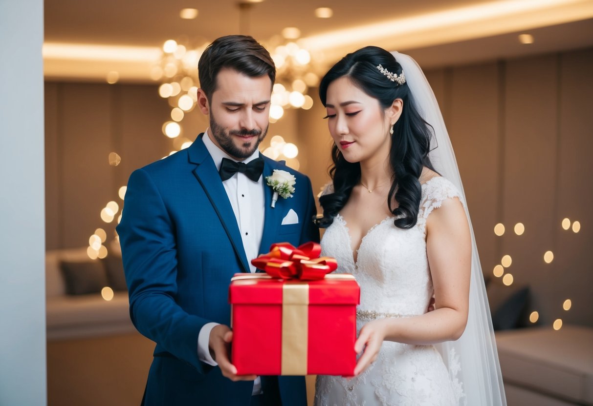 A newlywed couple opening an empty gift box with disappointed expressions