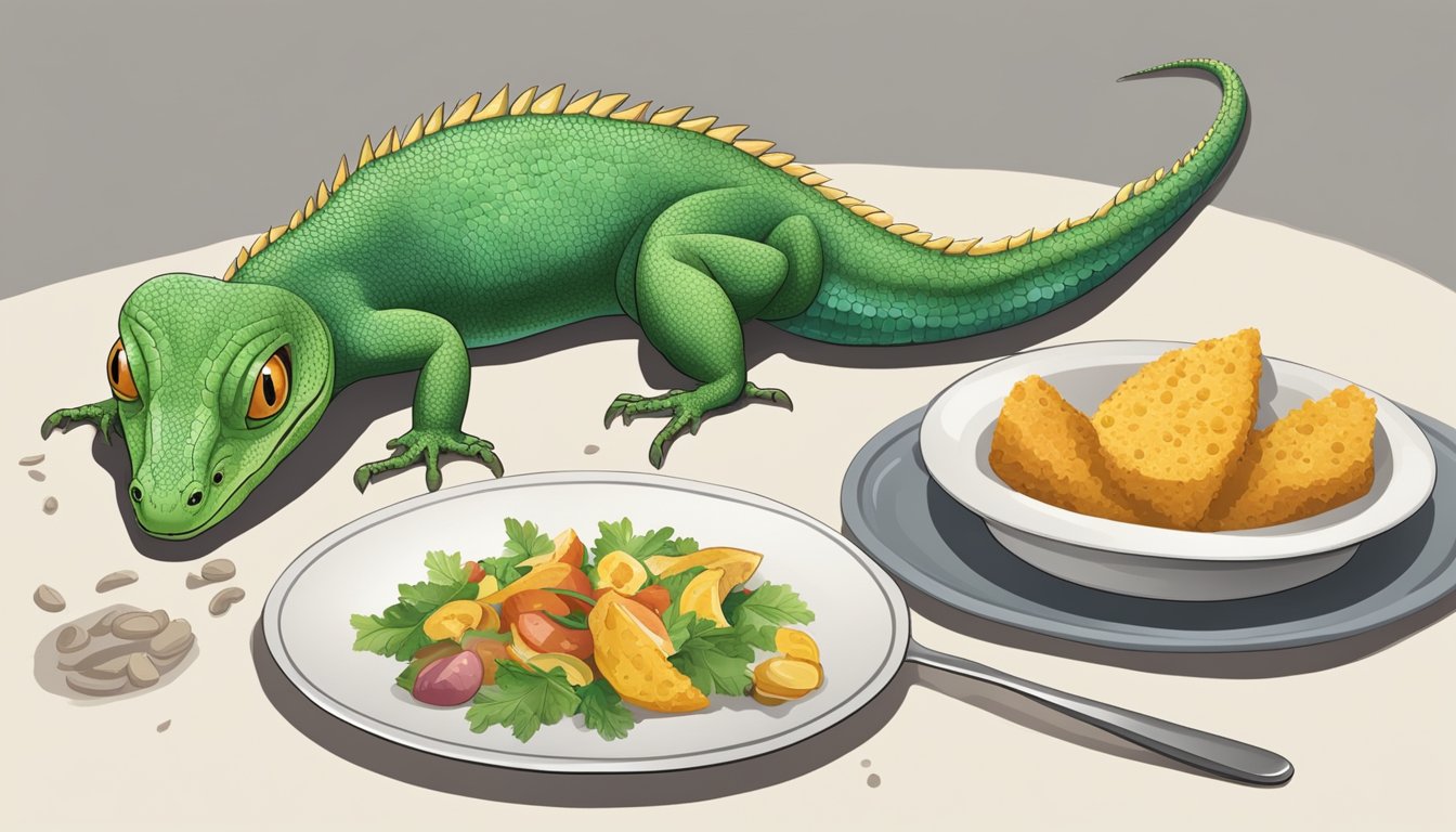 A lizard crawling near a plate of food, with a warning sign next to it