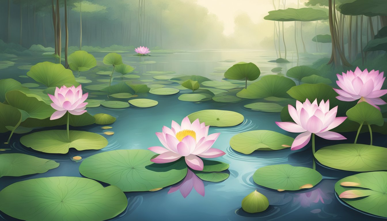 A serene pond with lotus plants and their distinctive roots growing in the mud