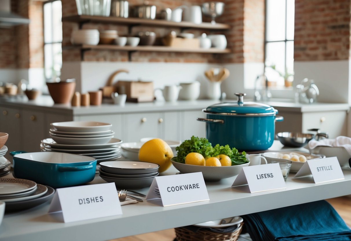 A table with various items such as dishes, cookware, and linens neatly organized and labeled