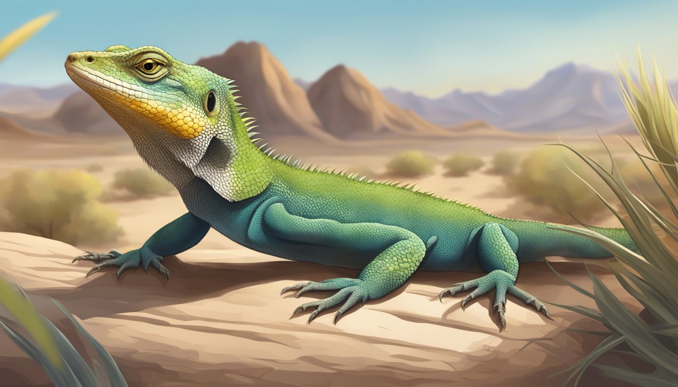 A lizard in a desert habitat, surrounded by rocks and dry vegetation